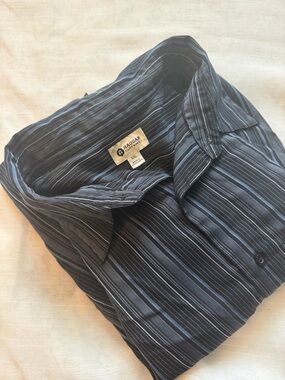 Haggar Black Button-Down Shirt with Blue Pinstripes
